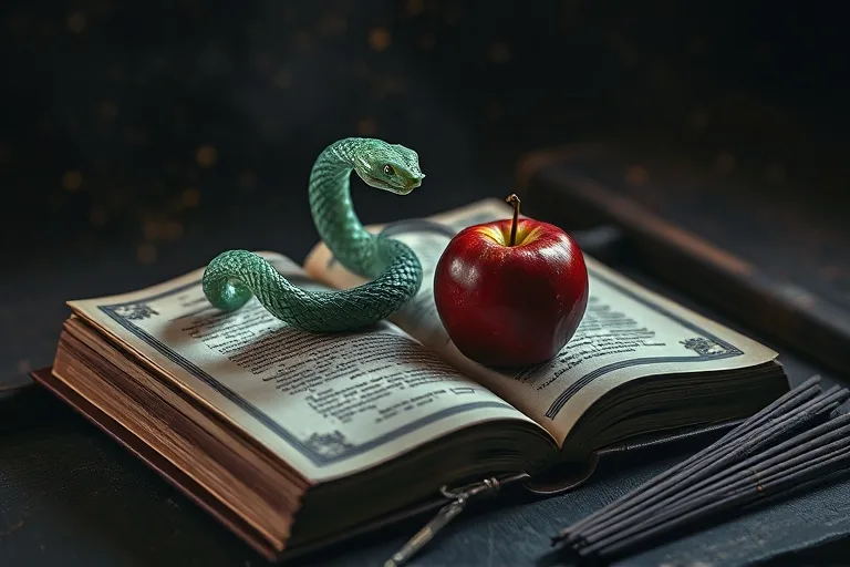 Una figurilla de serpiente de jade, una manzana mordida, incienso sin encender y una lupa sobre un libro antiguo, simbolizando sabiduría oculta y tentación.