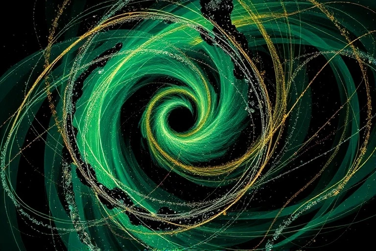 Vórtice abstracto de colores esmeralda y obsidiana con hilos plateados y dorados, representando la complejidad de las interacciones kármicas y las relaciones.