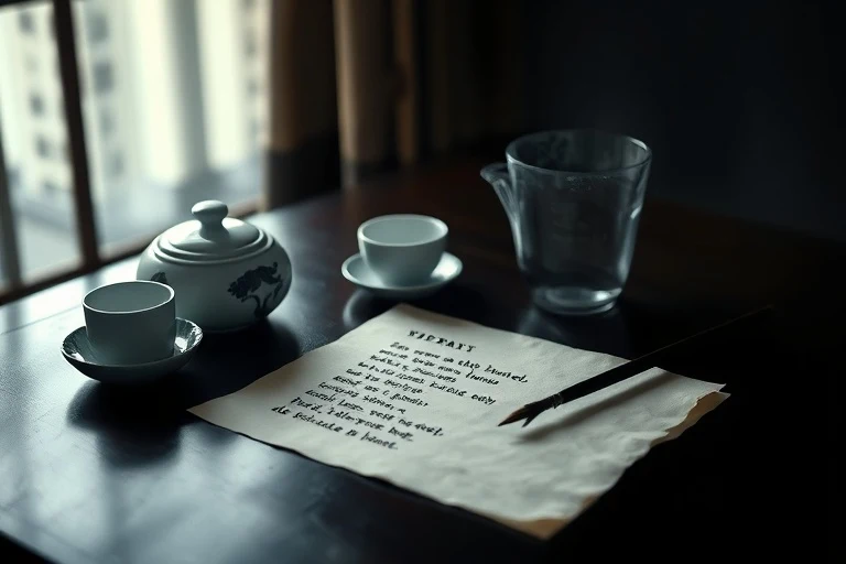 Bodegón cinematográfico de un juego de té de porcelana sobre una mesa de madera, con un poema a medio escribir y un pincel, evocando creatividad y discreción.