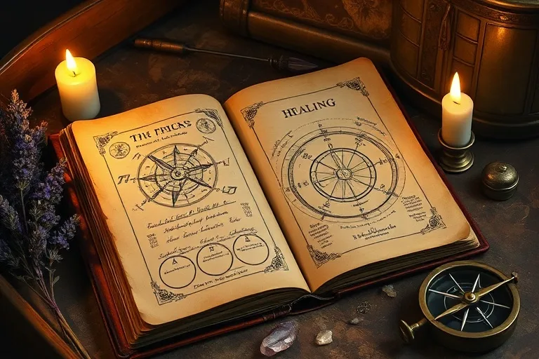Pintura al óleo de un diario antiguo con cartas astrales y una vela encendida.