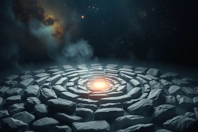 Fotografía cinematográfica de piedras de río en espiral con humo y fondo cósmico.