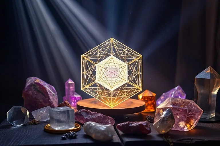 Colección de cristales de ascensión en un altar de madera con un Cubo de Metatrón, fotografía cinematográfica
