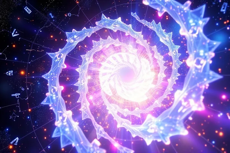 Vórtice de luz iridiscente formando una espiral áurea con estructuras cristalinas, render 3D abstracto