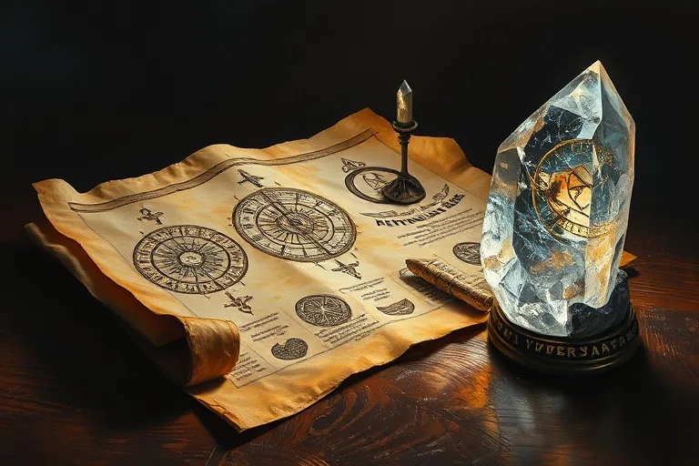 Pintura al óleo de un antiguo pergamino con símbolos esotéricos y un cristal de cuarzo transparente, sobre una mesa de madera. Iluminación dramática.