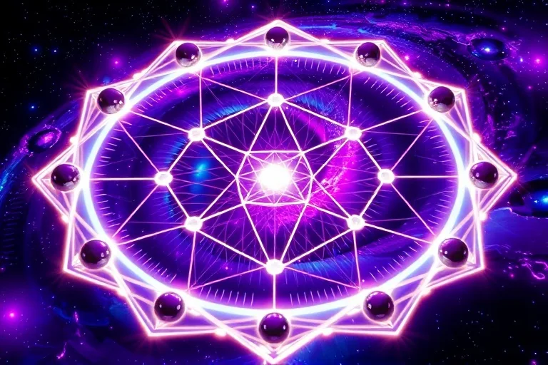 Ilustración digital 3D de una intrincada rejilla geométrica de varitas de selenita brillantes y esferas de hematita, formando una barrera translúcida y resplandeciente, con un fondo de energía púrpura y azul.