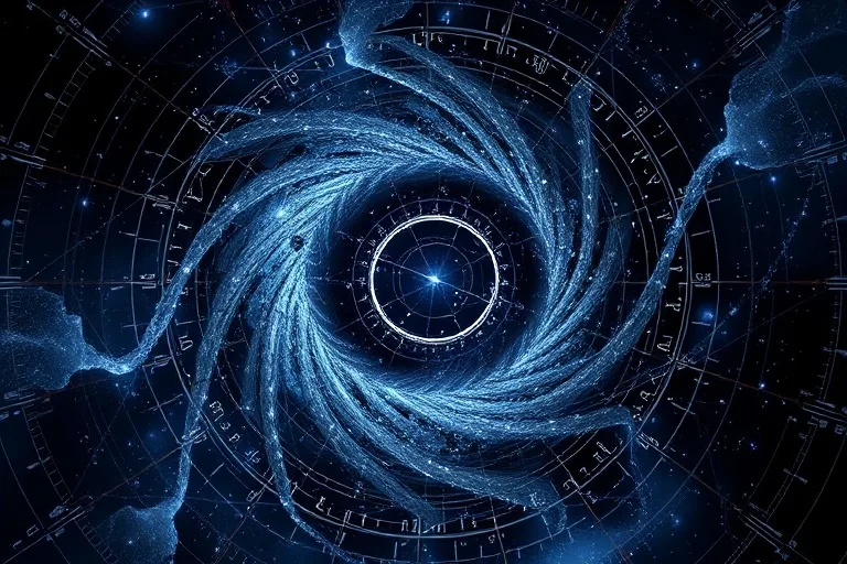 Arte conceptual abstracto de un poderoso vórtice de energía protectora oscura, formado por hebras entrelazadas de cianita negra y cuarzo ahumado, creando un escudo impenetrable con tonos azules, grises y púrpuras.