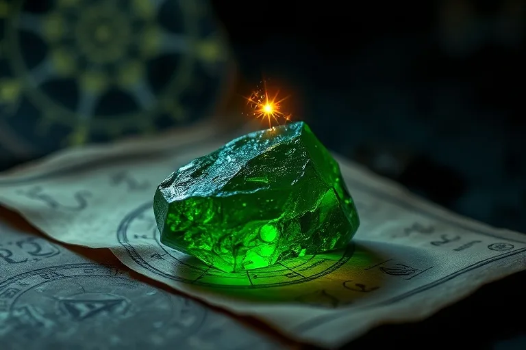 Una Moldavita verde translúcida, texturizada y de origen meteórico, reposando sobre un pergamino antiguo con símbolos esotéricos, iluminada por una luz tenue y mística. Un orbe luminoso flota cerca.