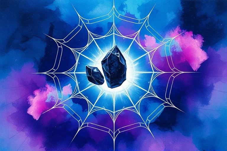 Pintura acuarela abstracta de un escudo energético en tonos índigo y violeta, con cristales de turmalina negra y obsidiana en el centro, simbolizando la protección durante el viaje astral. Líneas plateadas sutiles indican flujo de energía.
