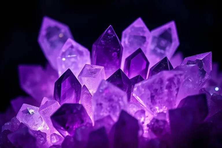 Fotografía macro de un grupo de amatistas moradas, con formaciones cristalinas intrincadas, iluminadas por una luz violeta suave, simbolizando la claridad mental y la tranquilidad emocional.
