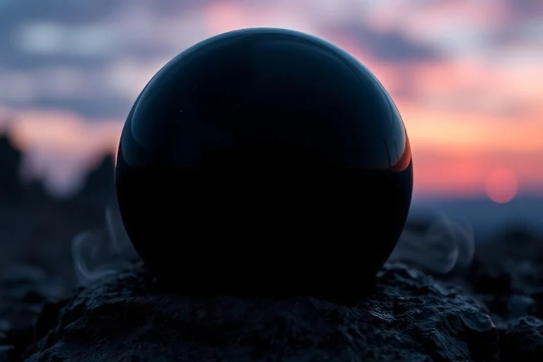 Naturaleza muerta cinematográfica de una esfera de obsidiana pulida sobre roca volcánica oscura, con luz sutil que capta su superficie, creando una sensación de enraizamiento y protección.
