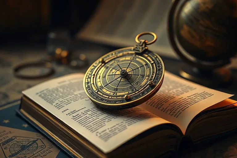 Fotografía de un astrolabio antiguo sobre un libro de medicina, con luz suave