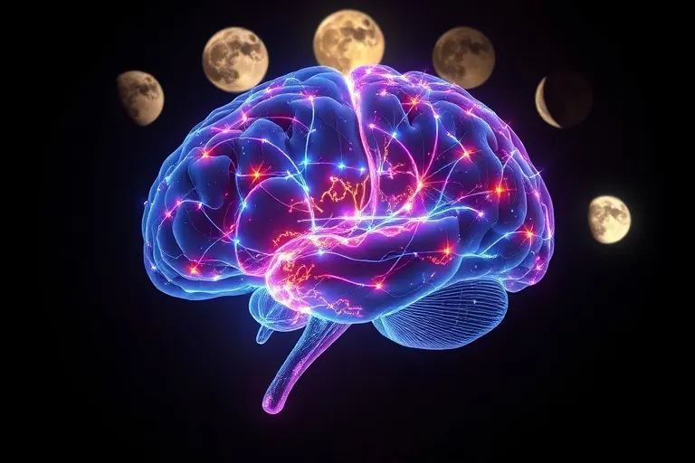 Renderizado 3D de un cerebro humano con patrones de luz y fases lunares de fondo