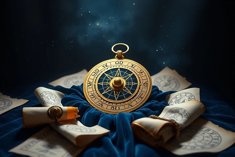 Fotografía cinematográfica de un antiguo astrolabio sobre un cojín de terciopelo, rodeado de símbolos zodiacales brillantes y pergaminos antiguos