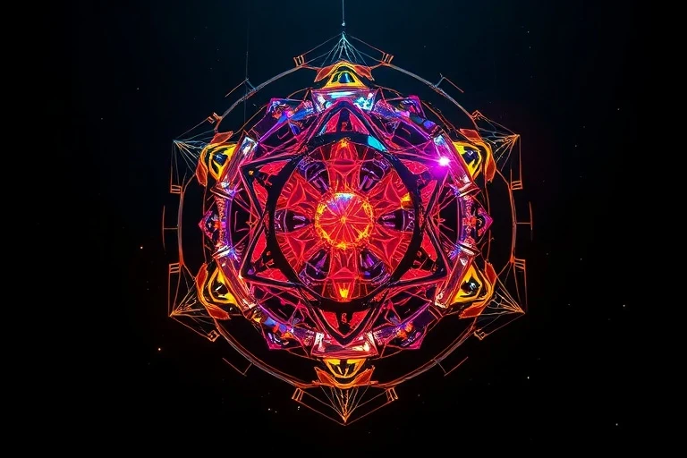 Arte conceptual de una escultura abstracta con formas geométricas entrelazadas, representando las cualidades energéticas del zodiaco, con colores vibrantes