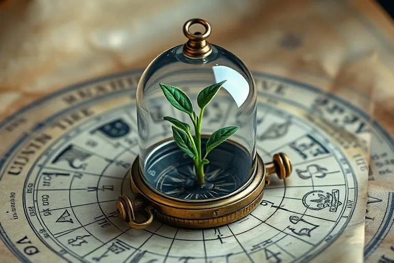 Una brújula antigua sobre un mapa de constelaciones, con un brote verde emergiendo del cristal de la brújula, simbolizando la dirección y el inicio de un nuevo camino.