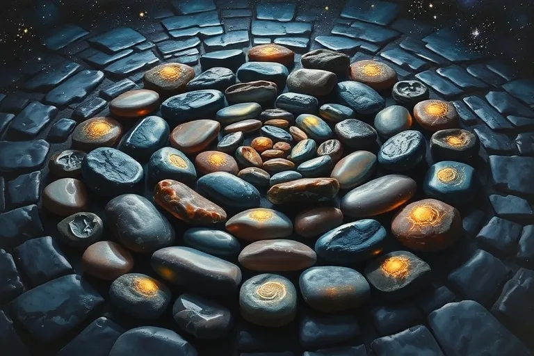 Pintura al óleo de piedras de río pulidas dispuestas en espiral, cada una emitiendo un brillo sutil, representando la fuerza interior y la evolución personal gradual.