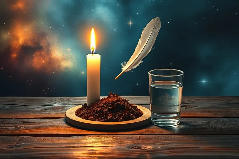 Pintura al óleo de una vela encendida, un montón de tierra fértil, una pluma flotando suavemente y un vaso de agua clara, dispuestos sobre una mesa de madera antigua y desgastada con una luz mística.