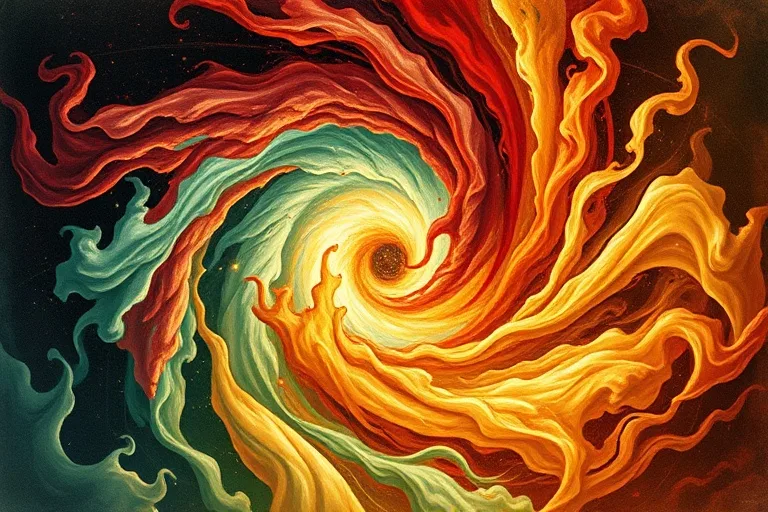 Fotografía cinematográfica de un remolino de niebla y luz con sutiles toques de rojo, verde, azul y amarillo, representando la interacción dinámica y el equilibrio de los cuatro elementos en un paisaje abstracto y etéreo.