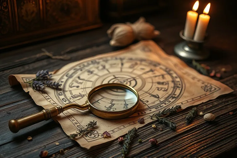 Fotografía macro de cartas astrológicas antiguas y hierbas medicinales sobre una mesa de madera rústica, con una lupa sobre un pergamino de correspondencias zodiacales. Luz cálida de velas.
