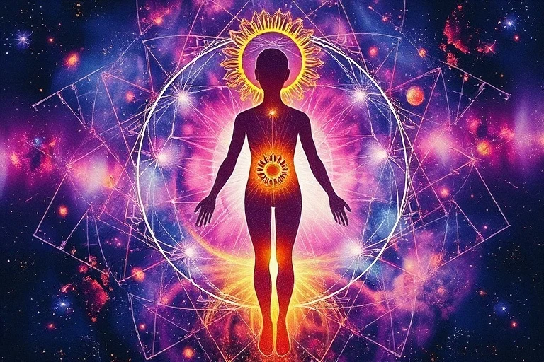 Pintura de acuarela abstracta que representa vías energéticas fluyendo a través de una silueta humana translúcida, con patrones cósmicos integrados. Colores vibrantes de púrpuras a dorados.