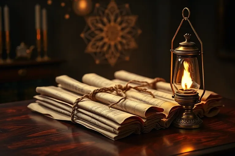 Bodegón cinematográfico de pergaminos antiguos atados con cuerda sobre un escritorio de madera pulida, iluminados por una lámpara de aceite de latón, simbolizando la sabiduría ancestral.