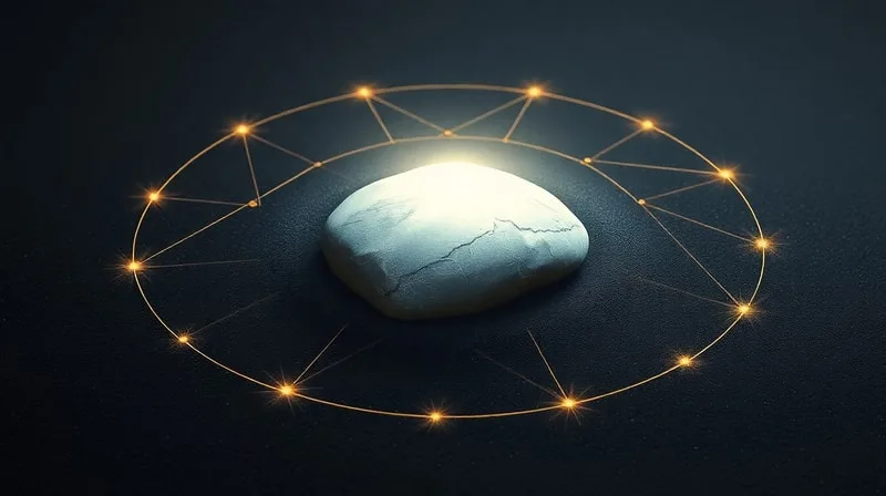 Obra de arte conceptual abstracta: una piedra de río pulida, reflejando una luz brillante, sobre arena oscura, con líneas geométricas luminosas alrededor, simbolizando caminos espirituales y conexiones ocultas. Pintura al óleo minimalista.