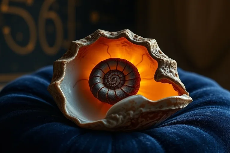 Bodegón cinematográfico de una concha marina intrincada sobre un cojín de terciopelo, iluminada por un resplandor cálido y protector, con enfoque en la textura y el detalle.