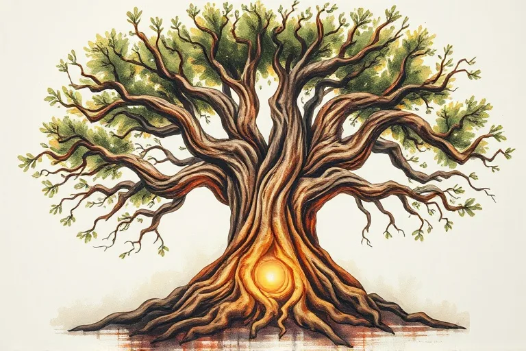 Pintura de acuarela de un roble estilizado y antiguo con raíces profundas y entrelazadas que forman un abrazo protector alrededor de una pequeña luz brillante en su base, en tonos tierra suaves.