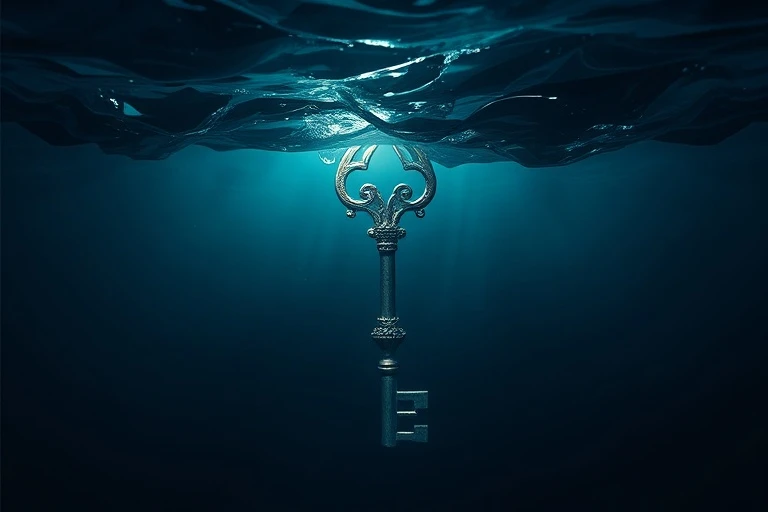 Ilustración digital conceptual de una llave antigua estilizada sumergida en agua oscura y arremolinada, con una luz misteriosa que emana desde abajo, simbolizando secretos, profundidad y transformación.