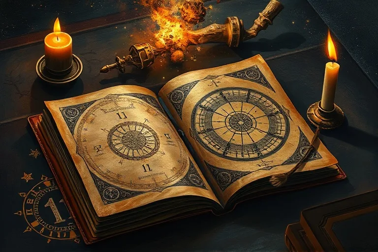 Pintura al óleo de un diario antiguo de cuero abierto en una página con símbolos numéricos y cartas celestiales, iluminado por una vela parpadeante.