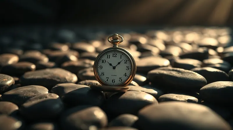 Fotografía cinematográfica de un reloj de bolsillo vintage mostrando 11:11, sobre piedras de río pulidas, con luz difusa creando sombras largas.