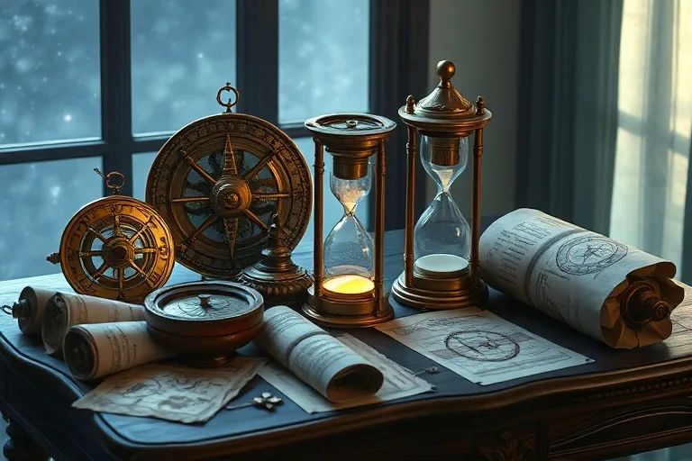 Astrolabios de latón antiguos, pergaminos polvorientos y un reloj de arena sobre una mesa de madera oscura, iluminados por la luna.