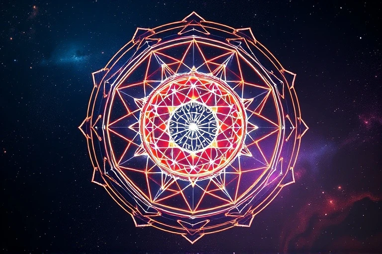 Representación geométrica abstracta de órbitas planetarias y divisiones zodiacales, con líneas brillantes y planos translúcidos en un fondo de espacio profundo.