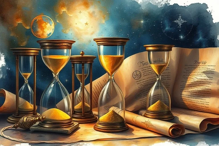 Relojes de arena antiguos y pergaminos, simbolizando el paso del tiempo y las vidas pasadas