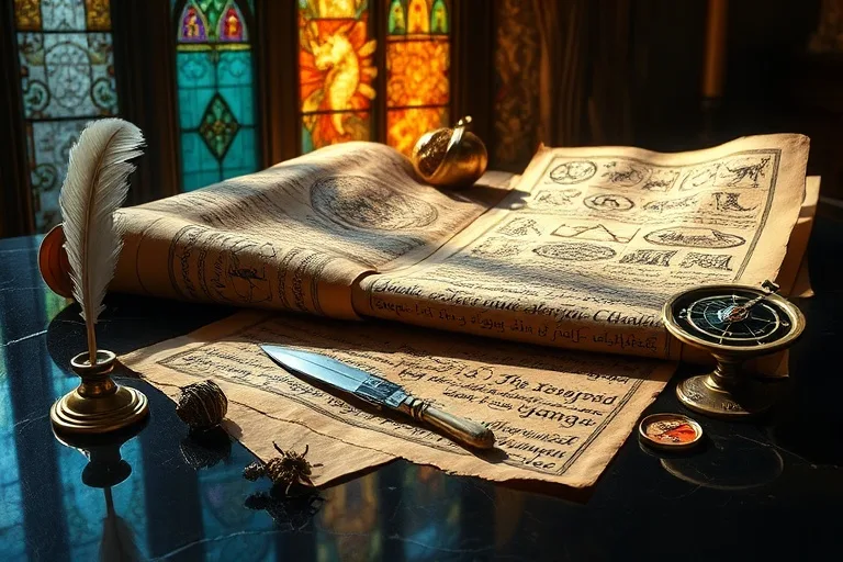 Pintura digital de pergaminos antiguos y herramientas de escritura sobre una mesa de obsidiana, simbolizando el estudio histórico de la astrología.