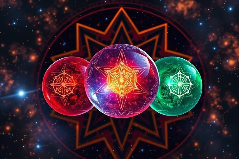 Fotografía cinemática de tres esferas de cristal talladas, cada una emitiendo una luz diferente, simbolizando las diversas influencias energéticas de los decanatos.