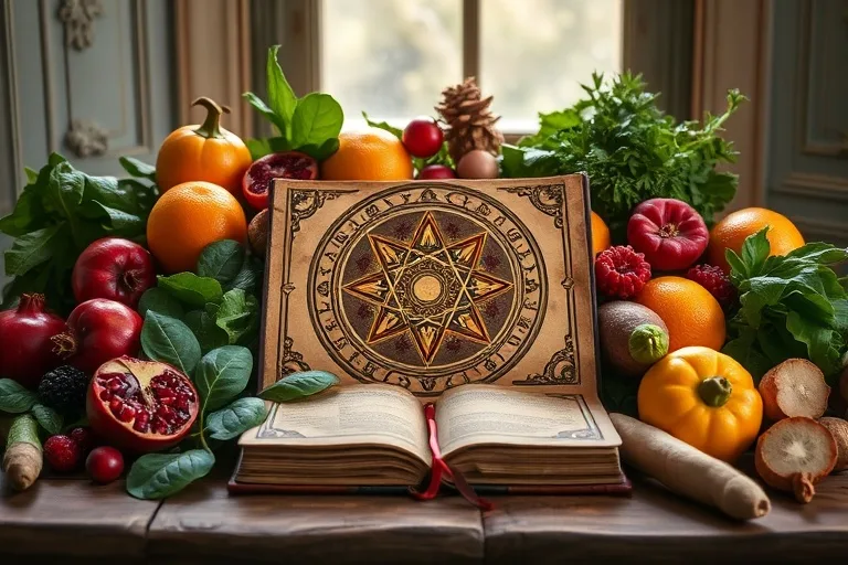 Libro de astrología antiguo rodeado de frutas y verduras frescas en una mesa de madera