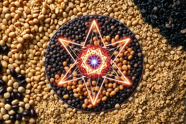 Arte conceptual abstracto con formas geométricas zodiacales y texturas orgánicas de granos y legumbres