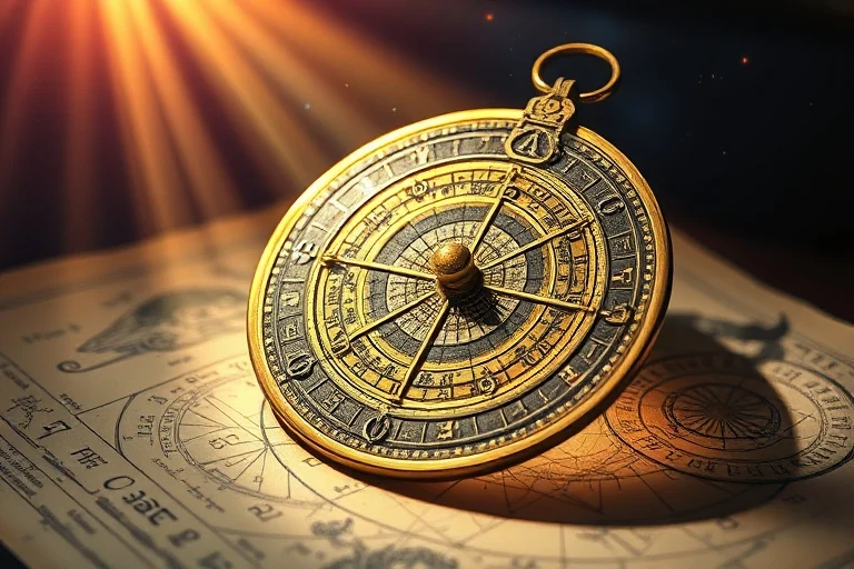 Antiguo astrolabio de bronce sobre textos astrológicos, con luz etérea que resalta sus intrincados grabados.