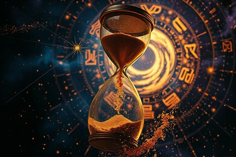 Primer plano de un reloj de arena roto, con arena fluyendo hacia un vórtice cósmico, rodeado de glifos astrológicos simbólicos.