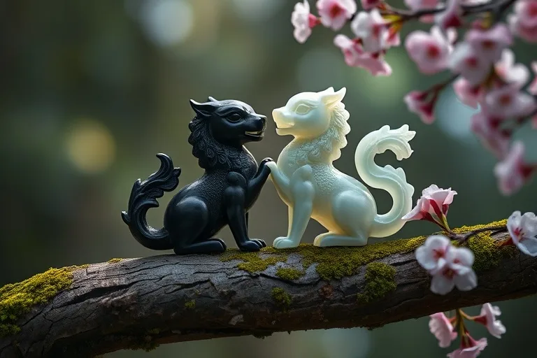 Fotografía macro de dos esculturas de jade, una oscura y otra clara, equilibradas sobre una rama, con una flor de cerezo, simbolizando la dualidad Yin y Yang en la naturaleza.