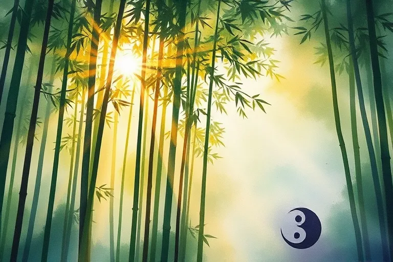 Pintura acuarela de un bosque de bambú al amanecer, con la luz del sol (Yang) creando sombras profundas (Yin), evocando armonía y conexión natural.