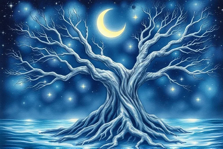 Pintura de acuarela de un árbol de roble antiguo y retorcido contra un cielo nocturno estrellado con una luna creciente brillante y raíces que se extienden hacia el agua mística.