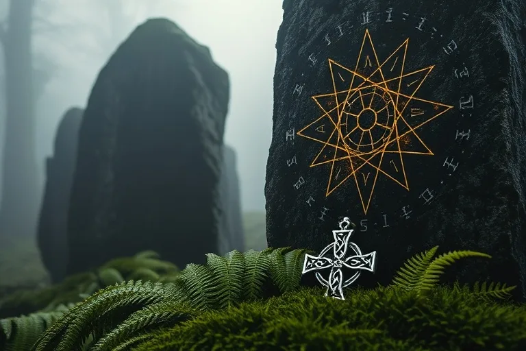 Fotografía macro de piedras ogham en un bosque brumoso con símbolos astrológicos, un colgante de cruz celta en la base