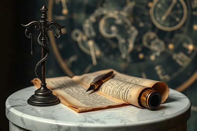 Naturaleza muerta cinematográfica de un caduceo de Mercurio, un pergamino antiguo y una pluma sobre un pedestal de mármol, con un mapa celestial borroso de fondo.