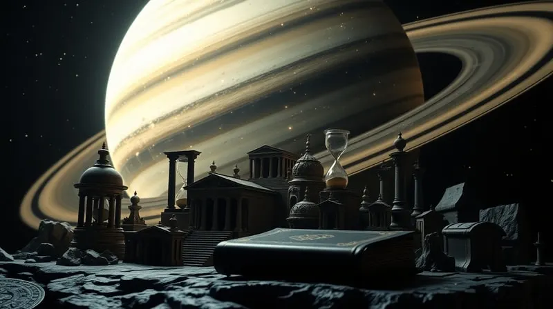 Ilustración digital 3D de un anillo de Saturno rodeando modelos arquitectónicos antiguos, con relojes de arena y un tomo pesado. Atmósfera oscura y contemplativa.