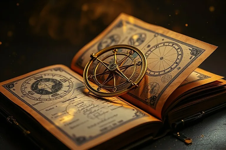 Antiguo astrolabio y cartas celestiales sobre un libro