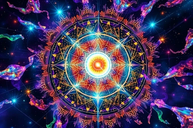 Vórtice de colores iridiscentes que representa energías cósmicas