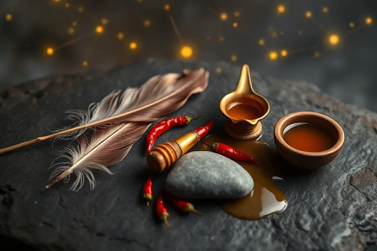 Disposición de elementos naturales simbolizando Vata, Pitta y Kapha: pluma, hoja seca, lámpara de aceite, chiles, piedra de río, miel.