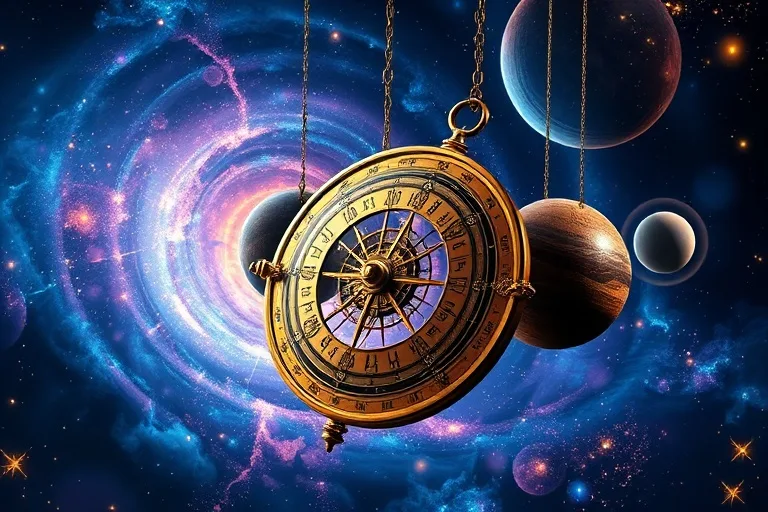 Ilustración digital de instrumentos astronómicos antiguos flotando en una nebulosa cósmica con planetas distantes.